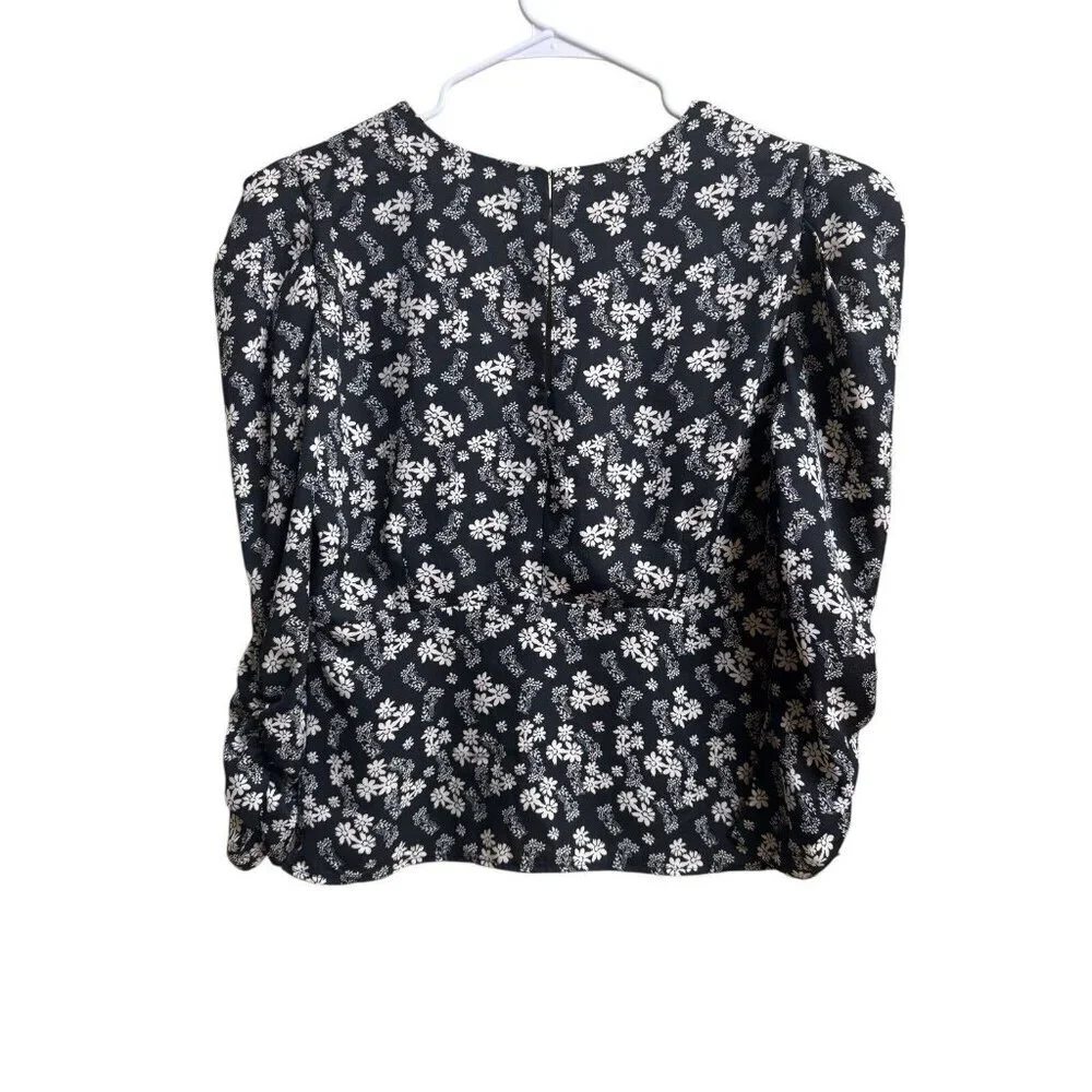 ASTR The Label Floral Ruched Blouse XL Black Puff Sleeve Top